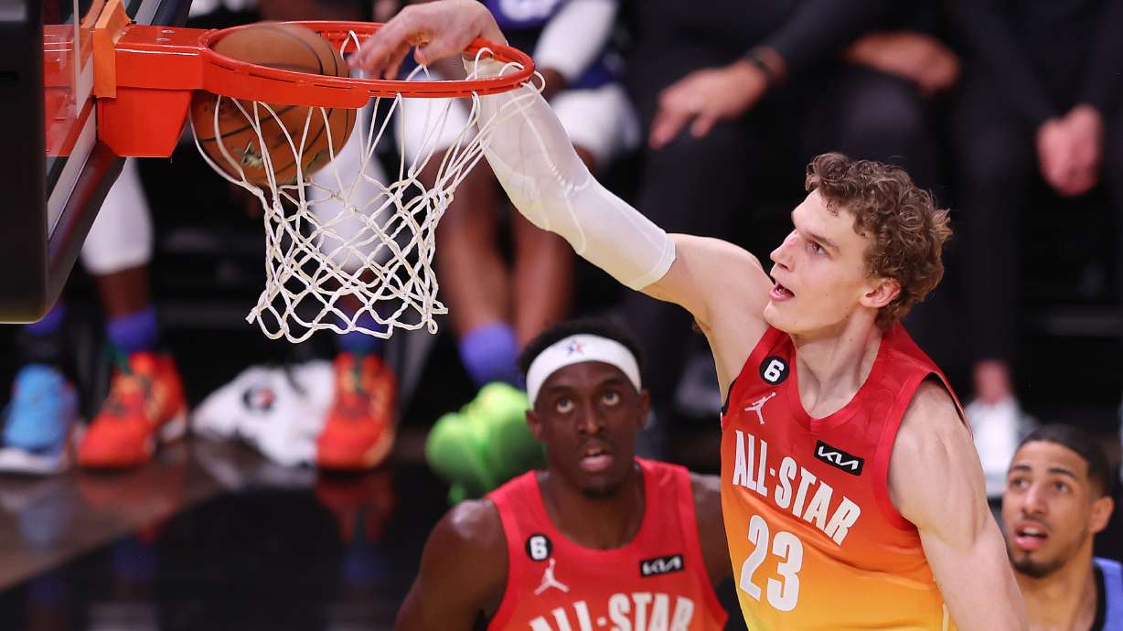 Lauri Markkanen of the Utah Jazz dunks the ball in the NBA All-Star Game in Salt Lake City at Vivint Arena on Sunday, Feb. 19, 2023.