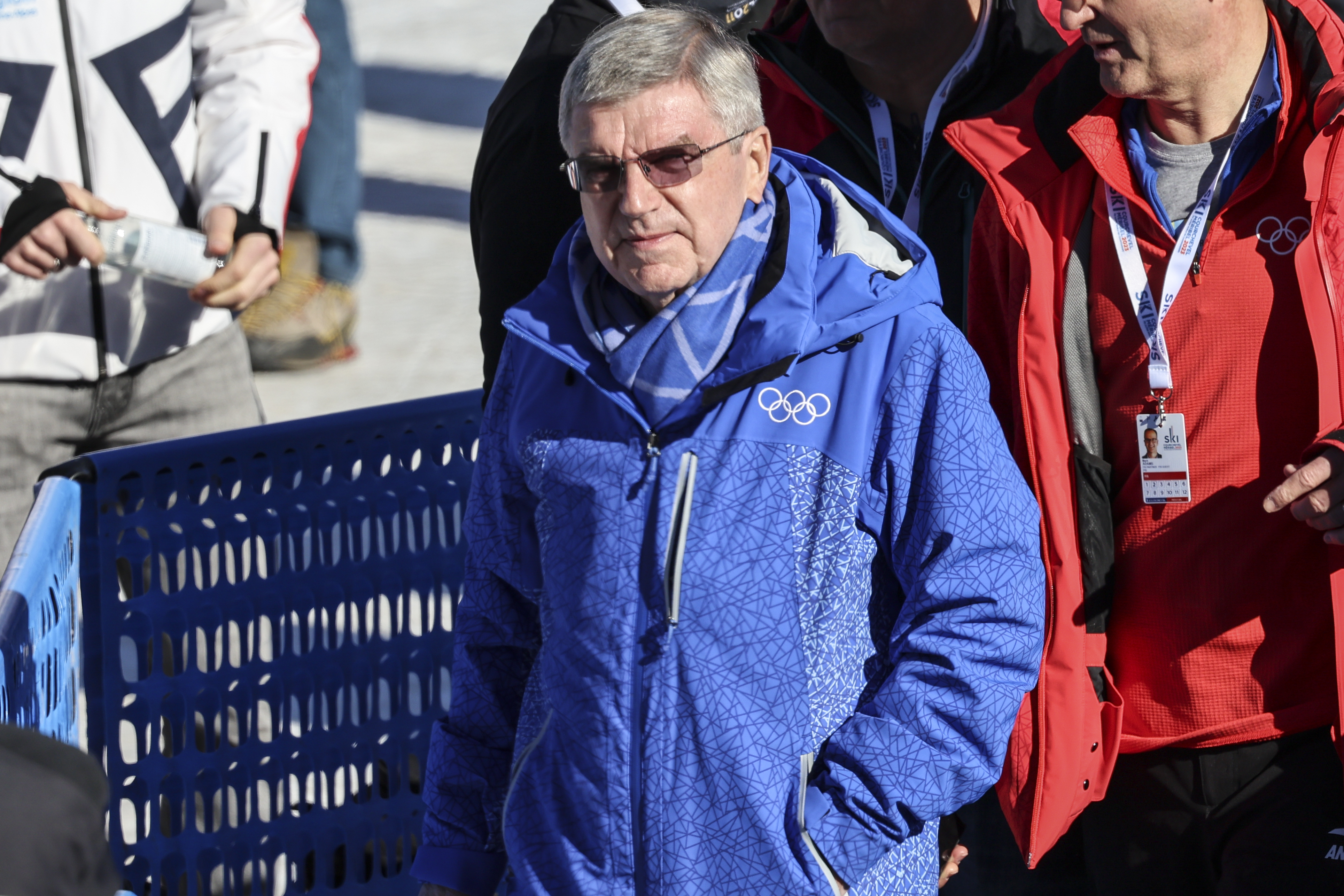 IOC (International Olympic Committee) president Thomas Bach walks in the finish area of the alpine ski, men's World Championship downhill, in Courchevel, France, Sunday, Feb. 12, 2023. 