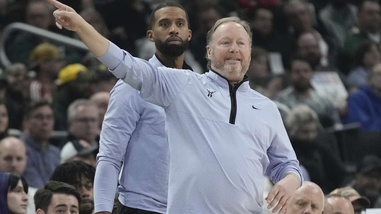 Milwaukee Bucks head coach Mike Budenholzer reacts during the first half of an NBA basketball game Thursday, Feb. 2, 2023, in Milwaukee.