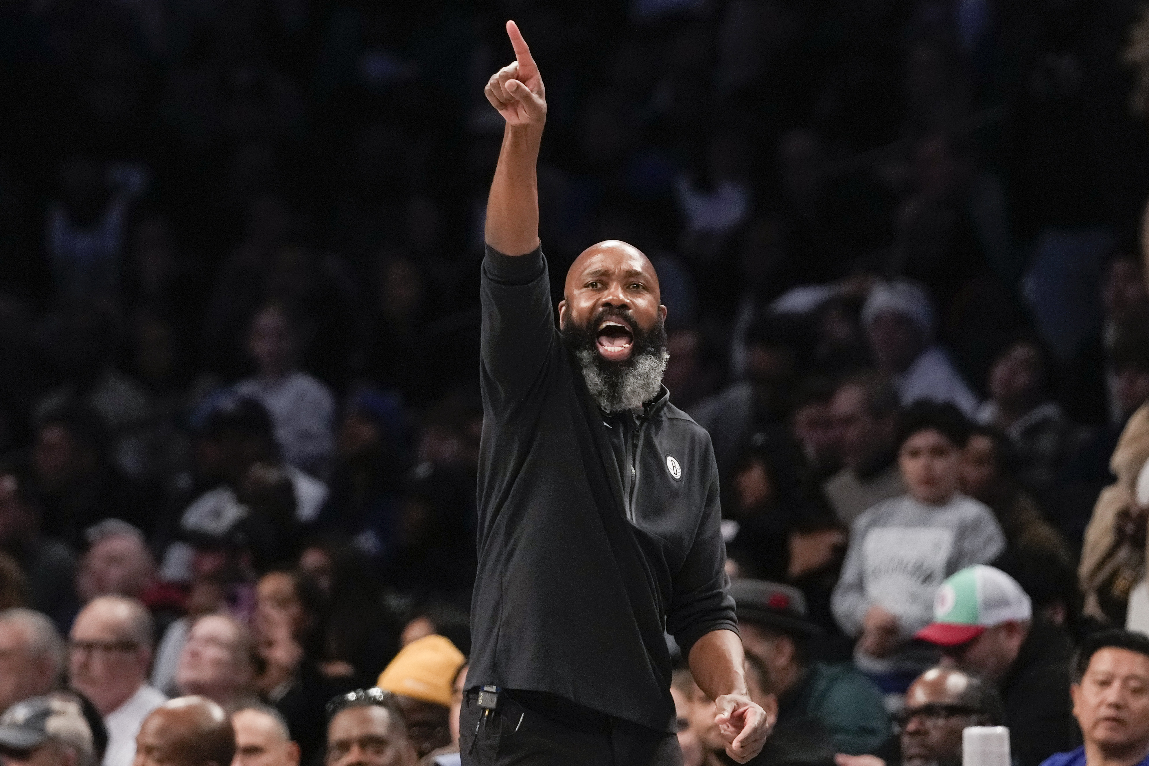 Brooklyn Nets head coach Jacque Vaughn reacts during the second half of an NBA basketball game against the New York Knicks, Saturday, Jan. 28, 2023, in New York. The Nets won 122-115. 