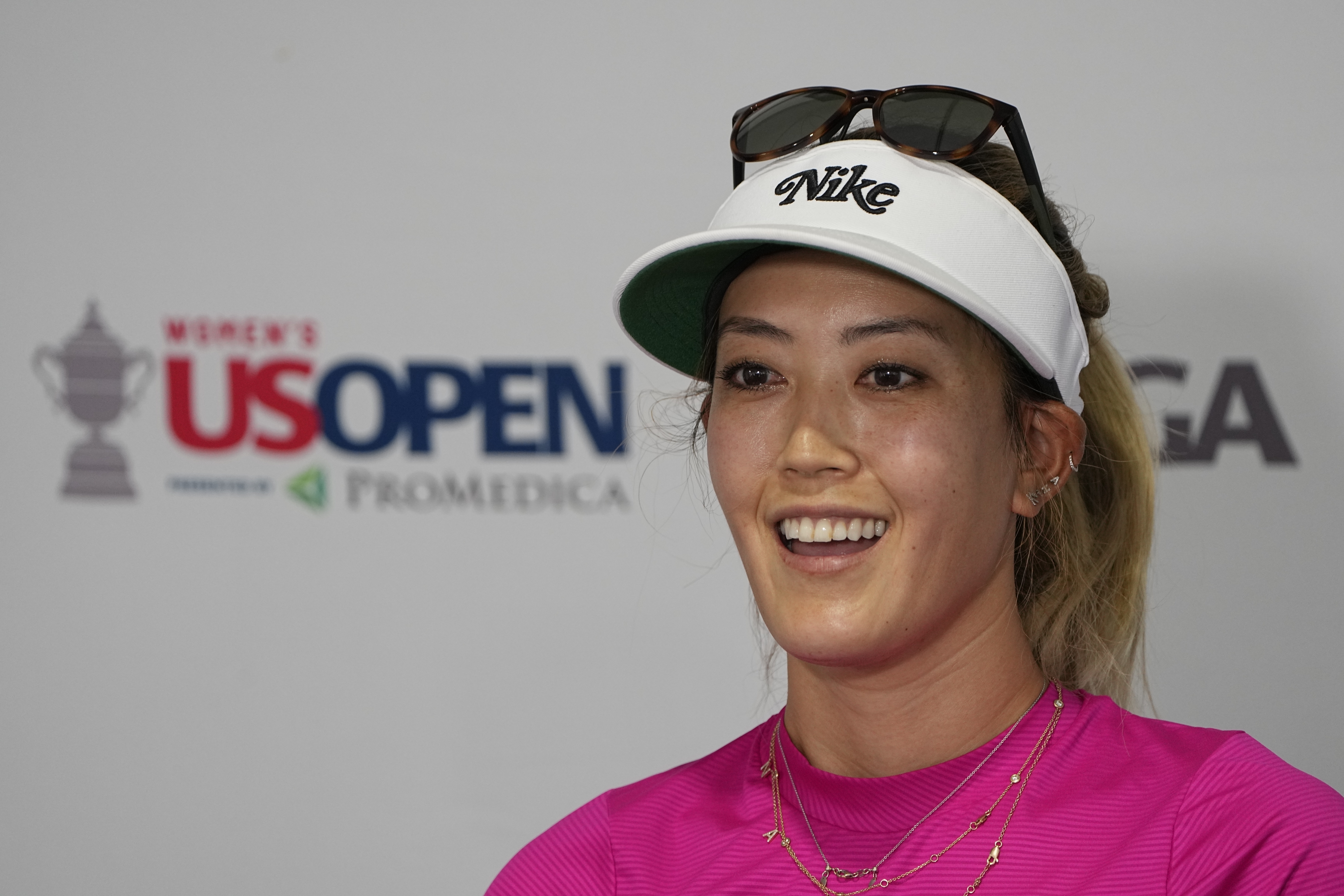 FILE - Michelle Wie West speaks during a news conference after a practice round for the U.S. Women's Open golf tournament at the Pine Needles Lodge & Golf Club in Southern Pines, N.C. on Tuesday, May 31, 2022. Wie West has launched a video series in which she speaks to female athletes and their business investments. 