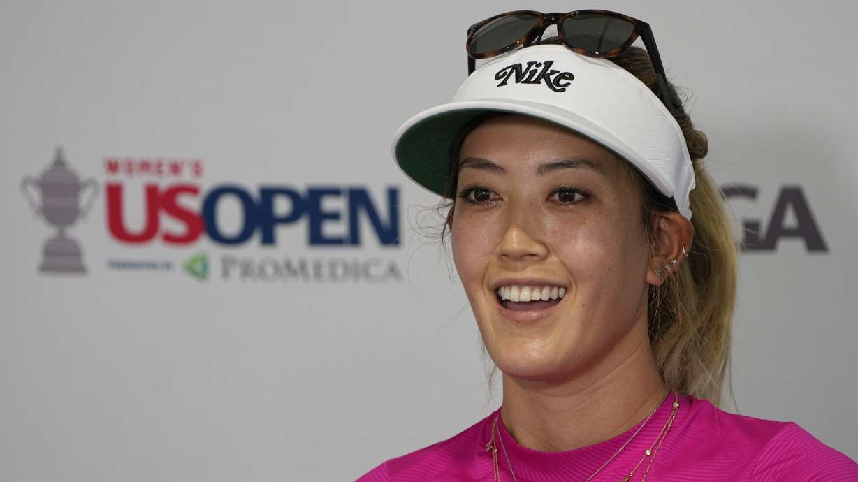 FILE - Michelle Wie West speaks during a news conference after a practice round for the U.S. Women's Open golf tournament at the Pine Needles Lodge & Golf Club in Southern Pines, N.C. on Tuesday, May 31, 2022. Wie West has launched a video series in which she speaks to female athletes and their business investments.