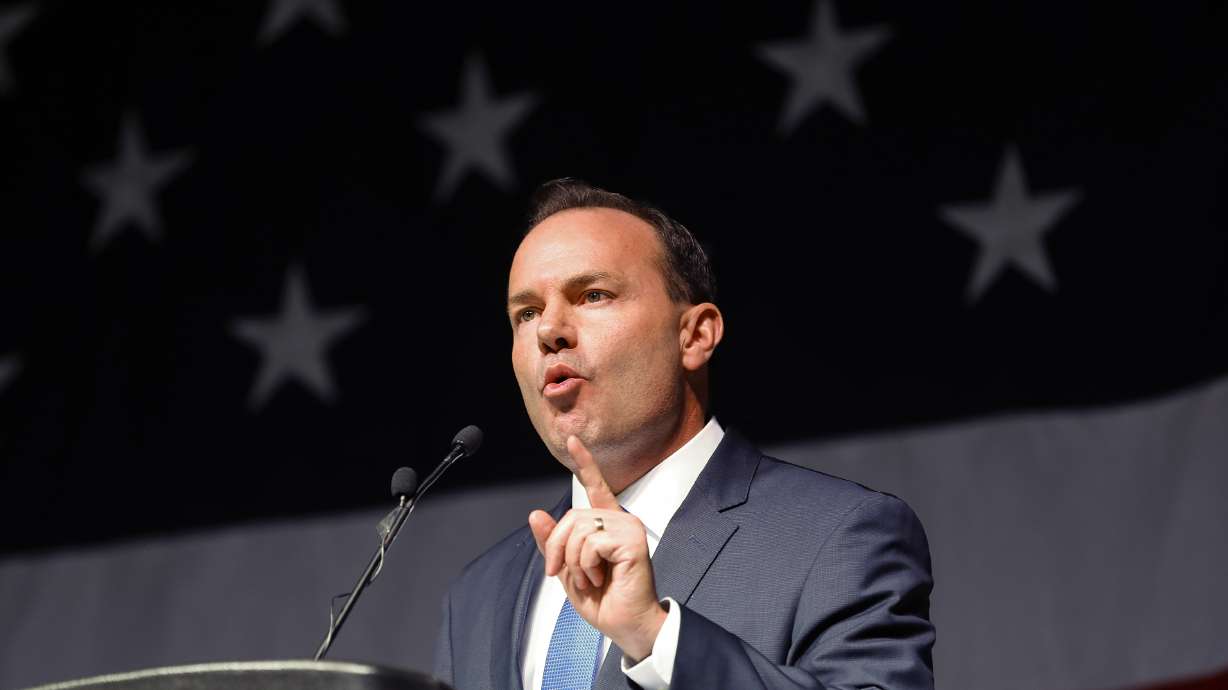 Sen. Mike Lee speaks to delegates at the GOP State Convention at the Mountain America Exposition Center in Sandy on April 23, 2022. After Lee won the GOP primary in 2022, a Utah bill would make it easier for convention winners to skip party primaries and advance to the general election.