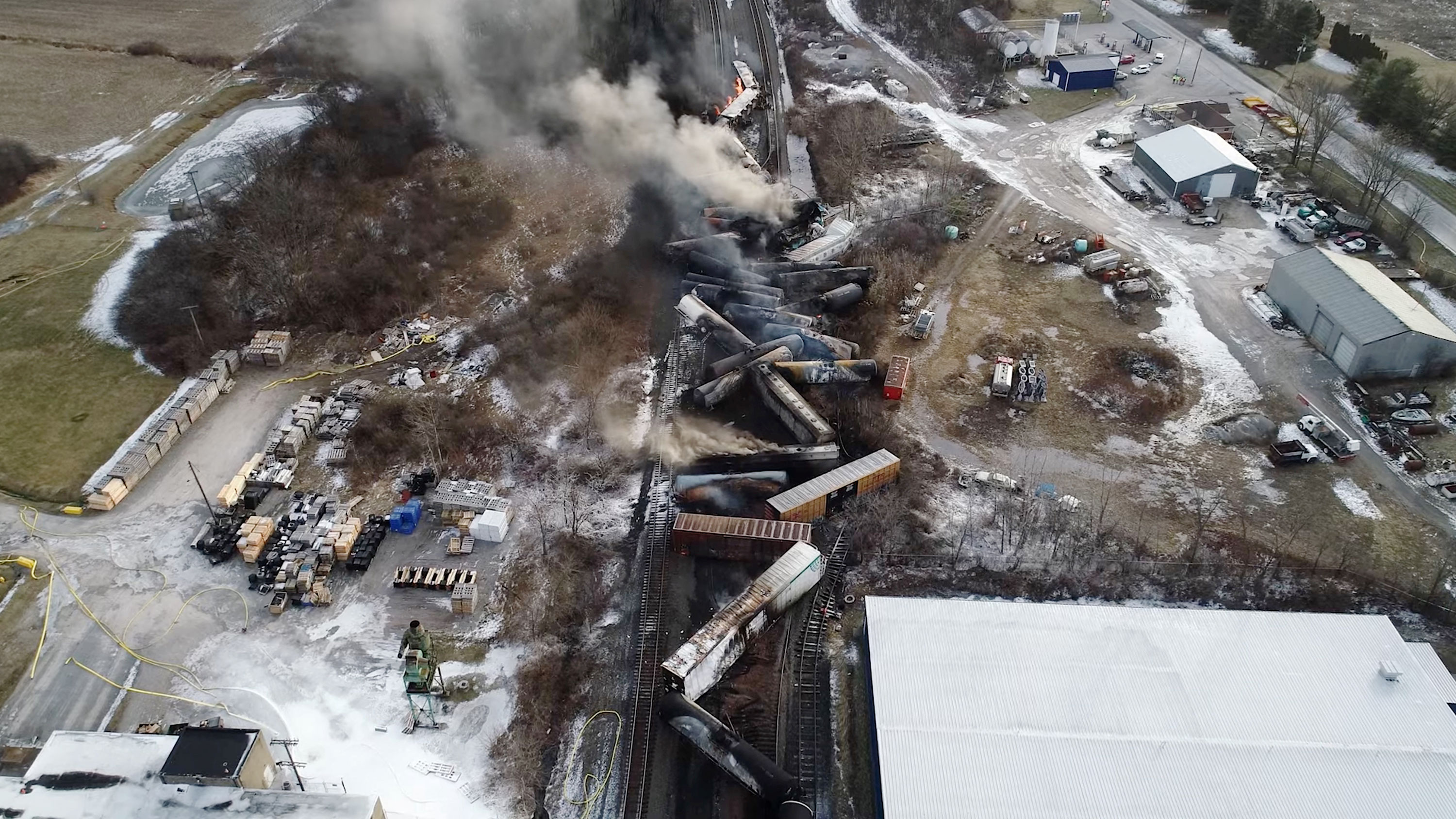 Drone footage shows the freight train derailment in East Palestine, Ohio, on Feb. 6.