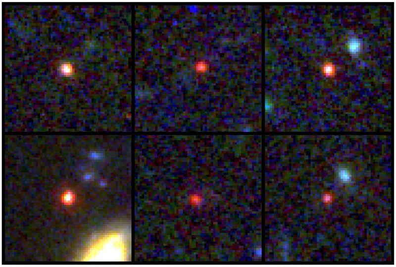 Images of six candidate massive galaxies, seen 540 million to 770 million years after the Big Bang seen by NASA's James Webb Space Telescope, as one of them (bottom left) could contain as many stars as our present-day Milky Way, but is 30 times more compact.