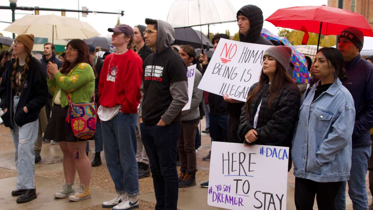 People hold signs supporting undocumented immigrants during a protest in front of the Provo Historic Courthouse on Nov. 5, 2022. A bill introduced in Congress earlier this month would protect immigrants who were brought to the U.S. illegally as children, often referred to as "Dreamers." But Utah's senators are unlikely to support the legislation.