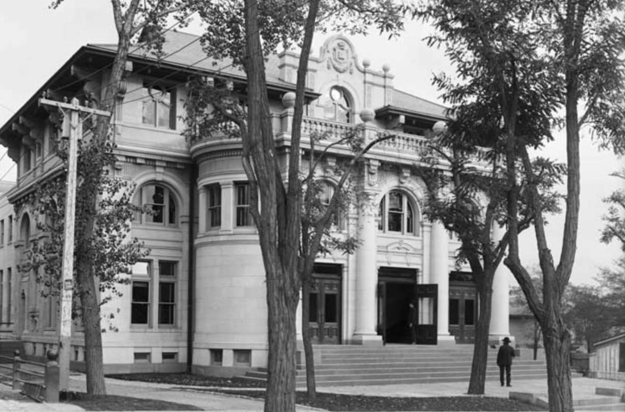 The exterior of the first solo Salt Lake City Public Library building just before it opened in October 1905. It remained the main location until another building opened in 1964.