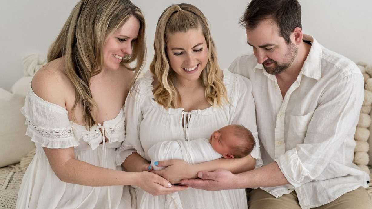New parents Virginia and Jared show their appreciation for surrogate Tassia Burgess and the birth of their baby boy, location and date unspecified.