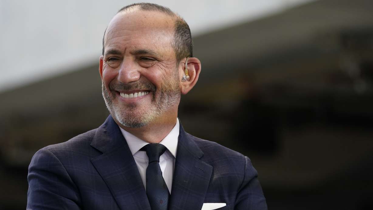 FILE - MLS Commissioner Don Garber conducts an interview before the MLS Cup soccer match between LAFC and the Philadelphia Union, Saturday, Nov. 6, 2022, in Los Angeles. With opening approaching Saturday, Feb. 25, 2023, Major League Soccer Commissioner Don Garber said he hopes to pick a 30th team by the end of the year and defended an expanded playoff format in which 18 of 29 clubs each the playoffs.