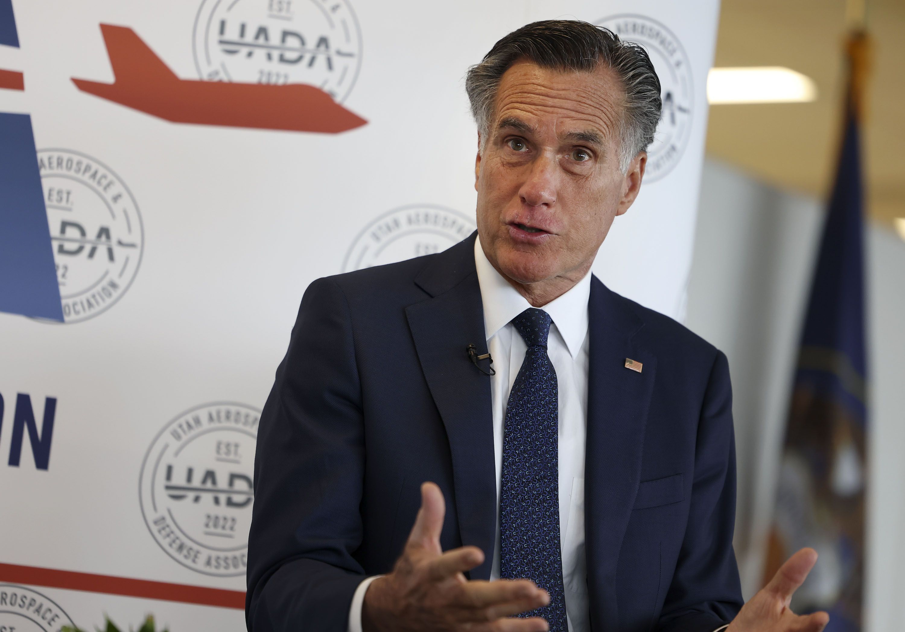 Sen. Mitt Romney speaks at a Utah Aerospace and Defense Association event at the Larry H. Miller Company in Sandy on Thursday.