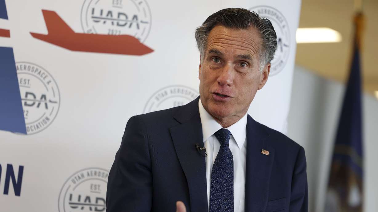 Sen. Mitt Romney speaks at a Utah Aerospace and Defense Association event at the Larry H. Miller Company in Sandy on Thursday.