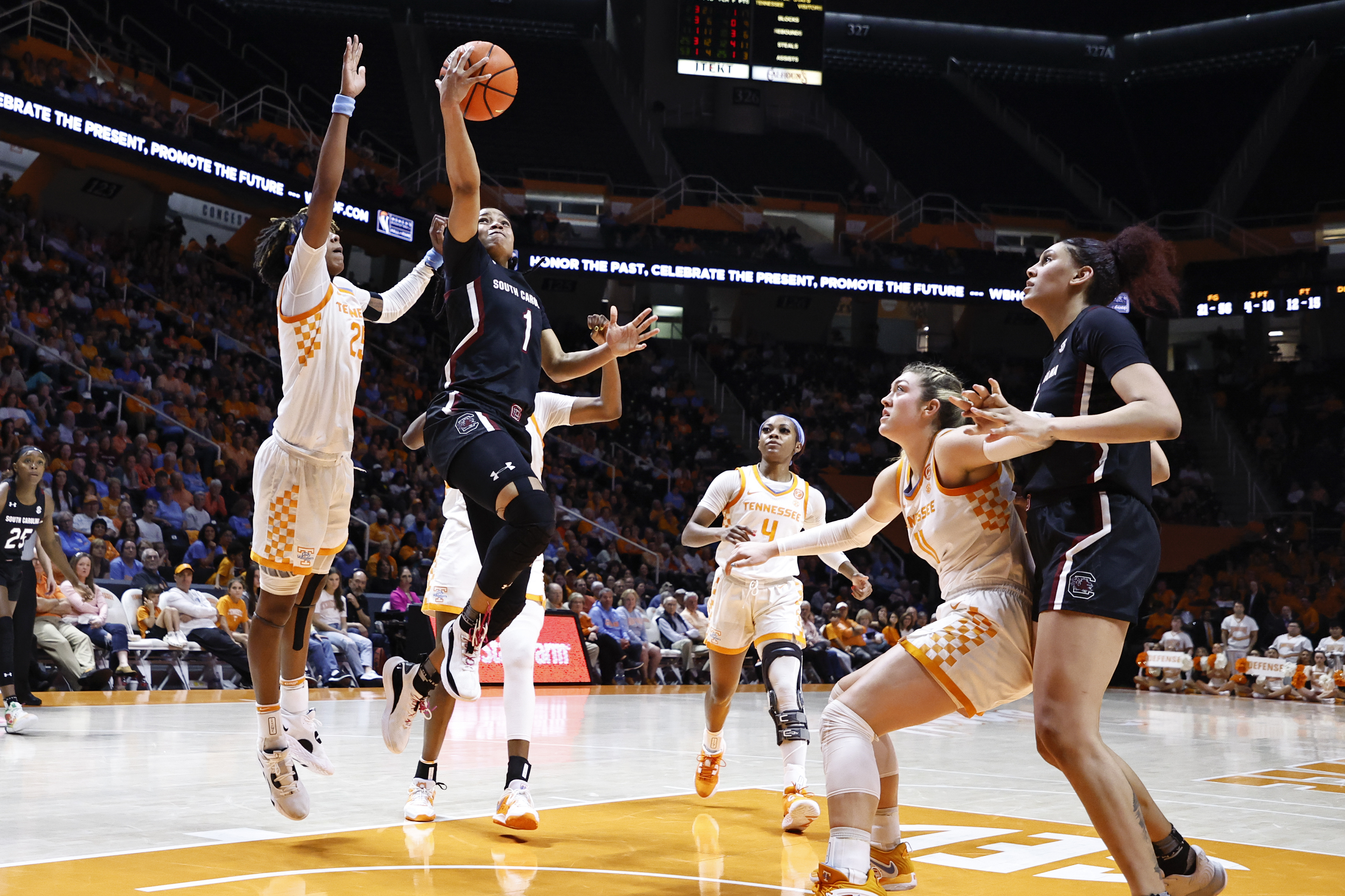 South Carolina guard Zia Cooke (1) shoots past Tennessee forward Rickea Jackson (2) during the second half of an NCAA college basketball game, Thursday, Feb. 23, 2023, in Knoxville, Tenn. 