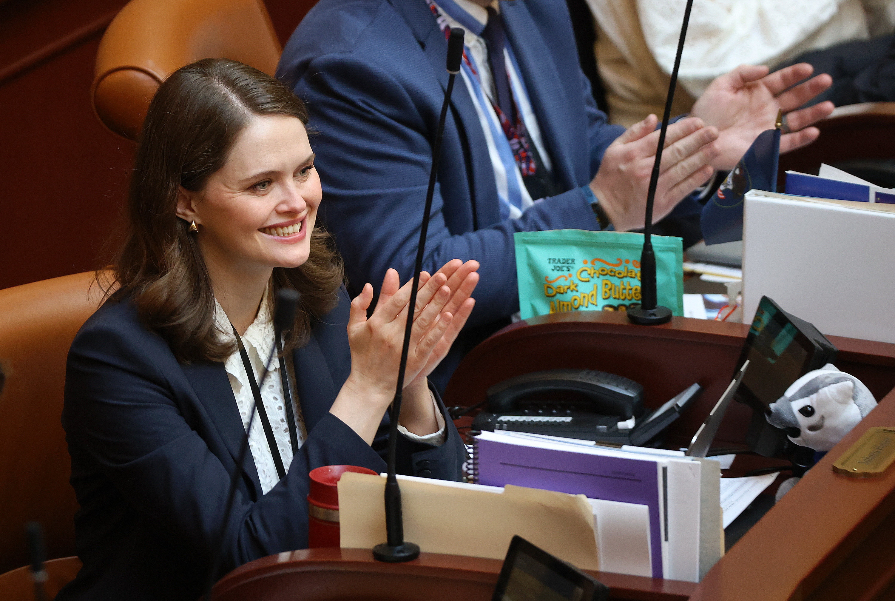 Rep. Sahara Hayes applauds as U.S. Olympic and Paralympic Committee leaders are welcomed in the House chamber at the Capitol in Salt Lake City, on Feb. 16.
