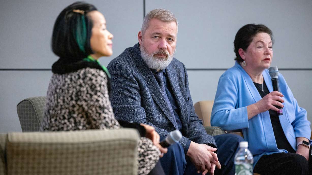 Dmitry Muratov, a Russian journalist and a Nobel Peace Prize winner, speaks Friday at Utah Valley University in Orem.