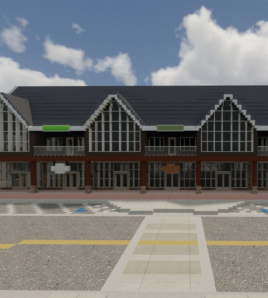A recreation of Hemming Village in Rexburg, Idaho, is seen as built in Minecraft.