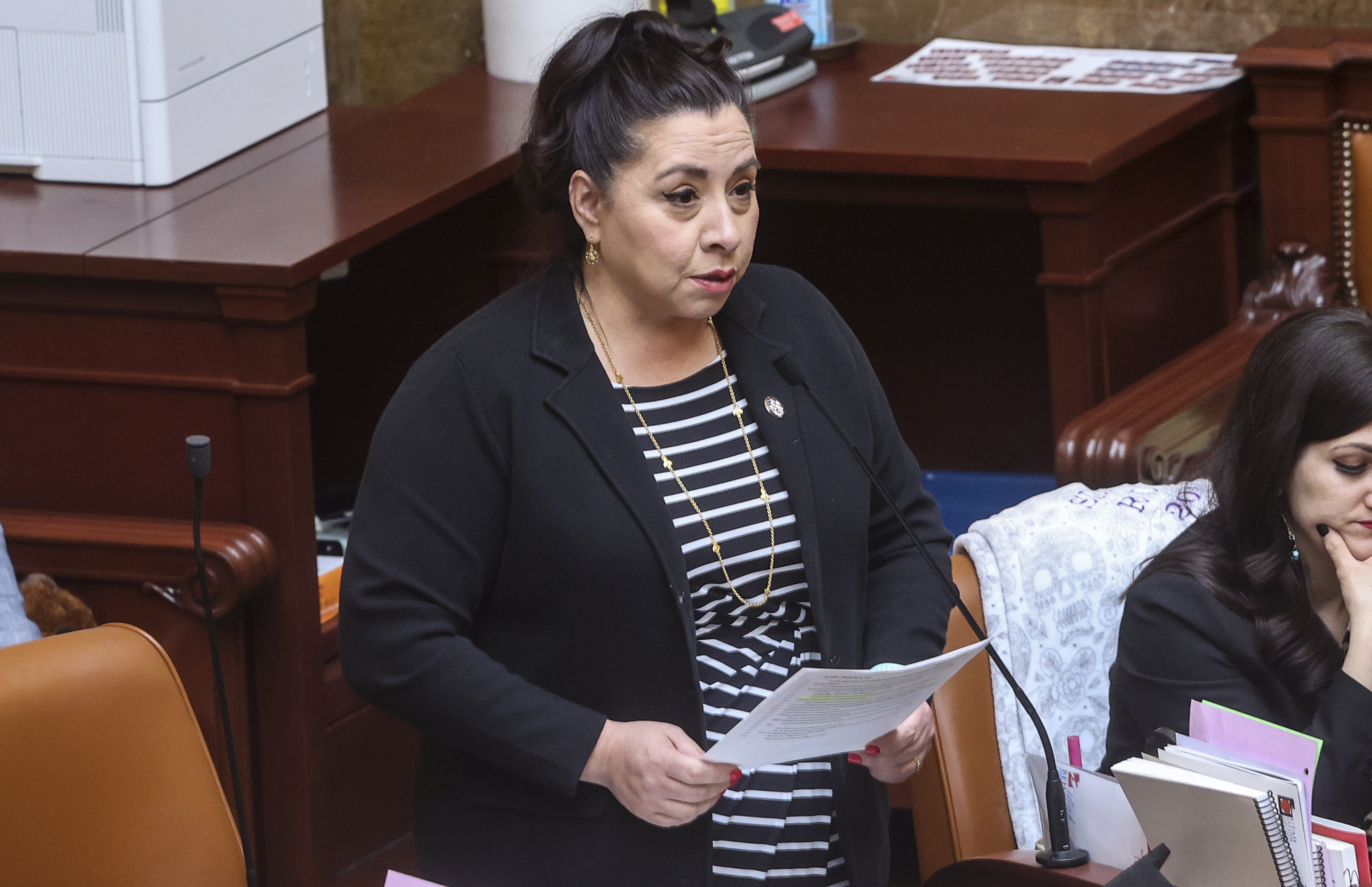 Rep. Angela Romero, D-Salt Lake City, speaks in the House chamber at the Capitol in Salt Lake City on Friday. Romero says diverse communities are tired of bills challenging diversity, equity and inclusion efforts.