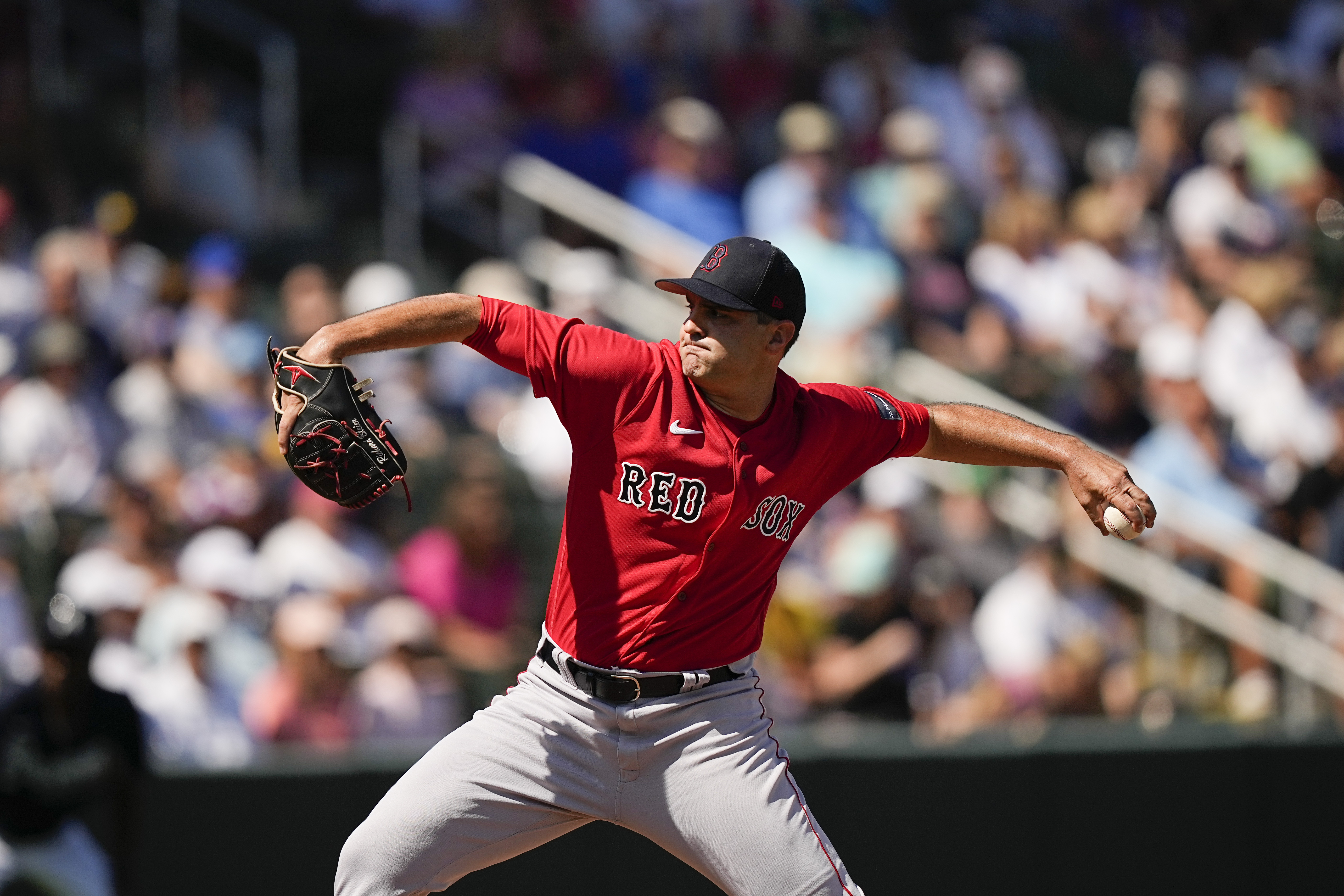 Boston Red Sox relief pitcher Richard Bleier (35) delivers during a spring training baseball game against the Atlanta Braves, Saturday, Feb. 25, 2023, in North Port, Fla.