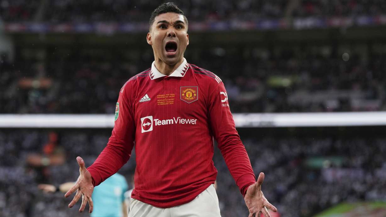 Manchester United's Casemiro reacts during the English League Cup final soccer match between Manchester United and Newcastle United at Wembley Stadium in London, Sunday, Feb. 26, 2023.