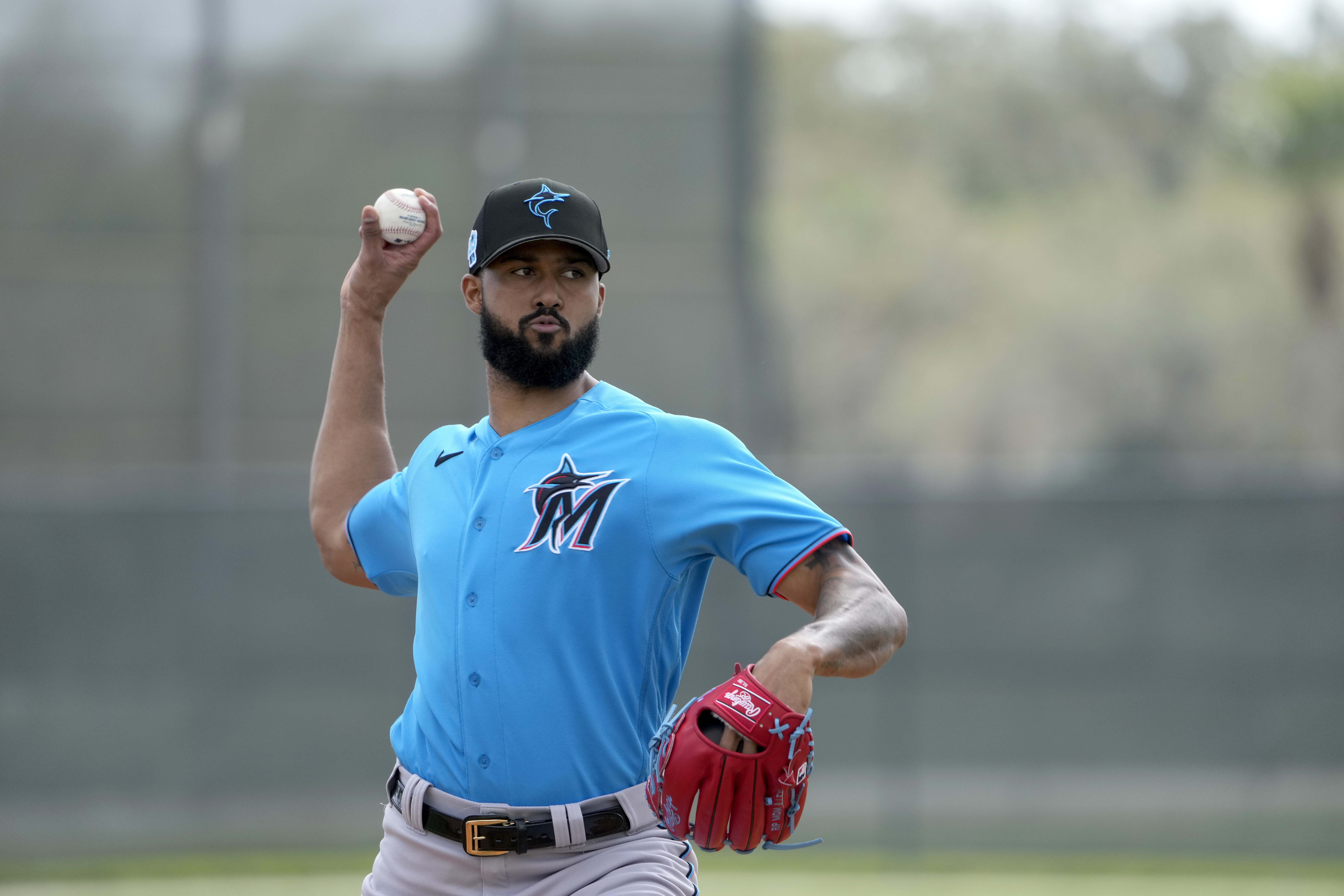 Miami Marlins pitcher Sandy Alcantara throws live batting practice during spring training baseball practice Sunday, Feb. 19, 2023, in Jupiter, Fla. 