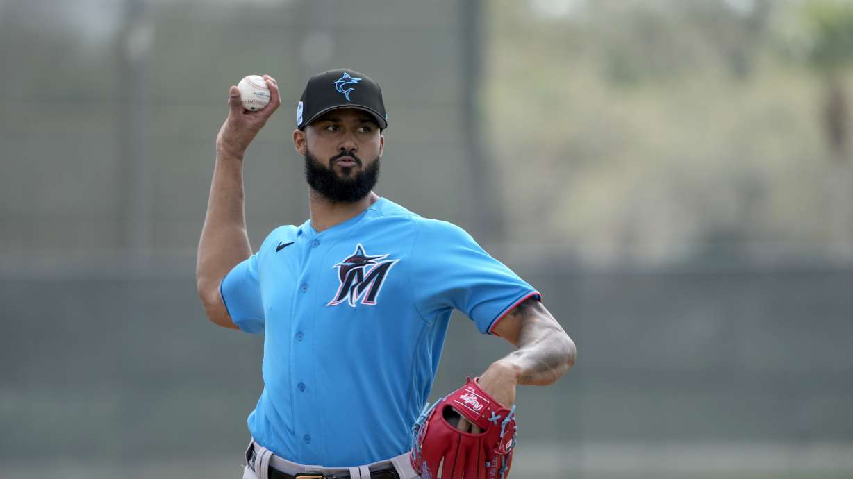 Miami Marlins pitcher Sandy Alcantara throws live batting practice during spring training baseball practice Sunday, Feb. 19, 2023, in Jupiter, Fla.