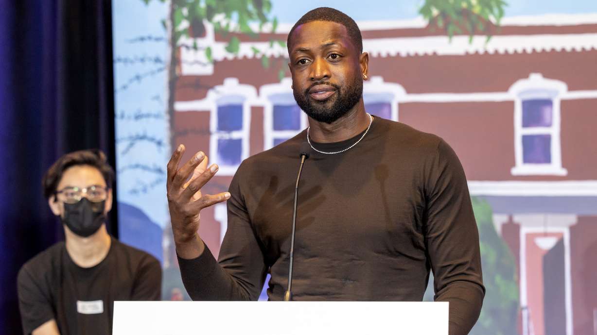 Dwyane Wade, former NBA star and part owner of the Utah Jazz, speaks during an Encircle press conference at the Silicon Slopes Summit at the Salt Palace in Salt Lake City on Oct. 13, 2021.