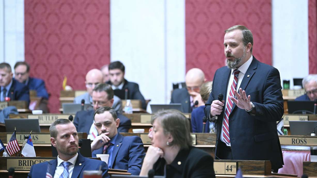 Republican West Virginia Del. Todd Kirby speaks in support of a bill that would create a test for courts to apply when people challenge government regulations they believe interfere with their constitutional right to religious freedom in the House of Delegates chamber of the state Capitol in Charleston, W.Va., Monday.