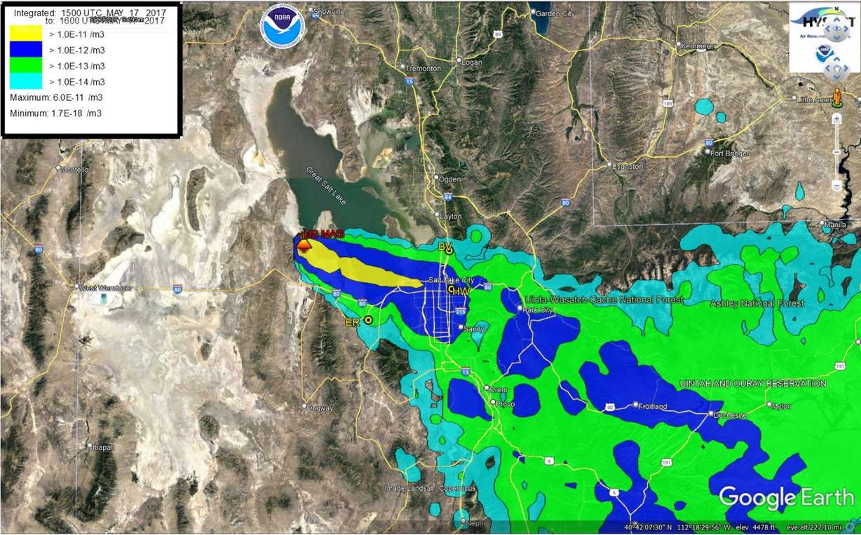 This model shows how emissions collected from the US Magnesium plant in Tooele County would impact downwind communities on a typical summer day.