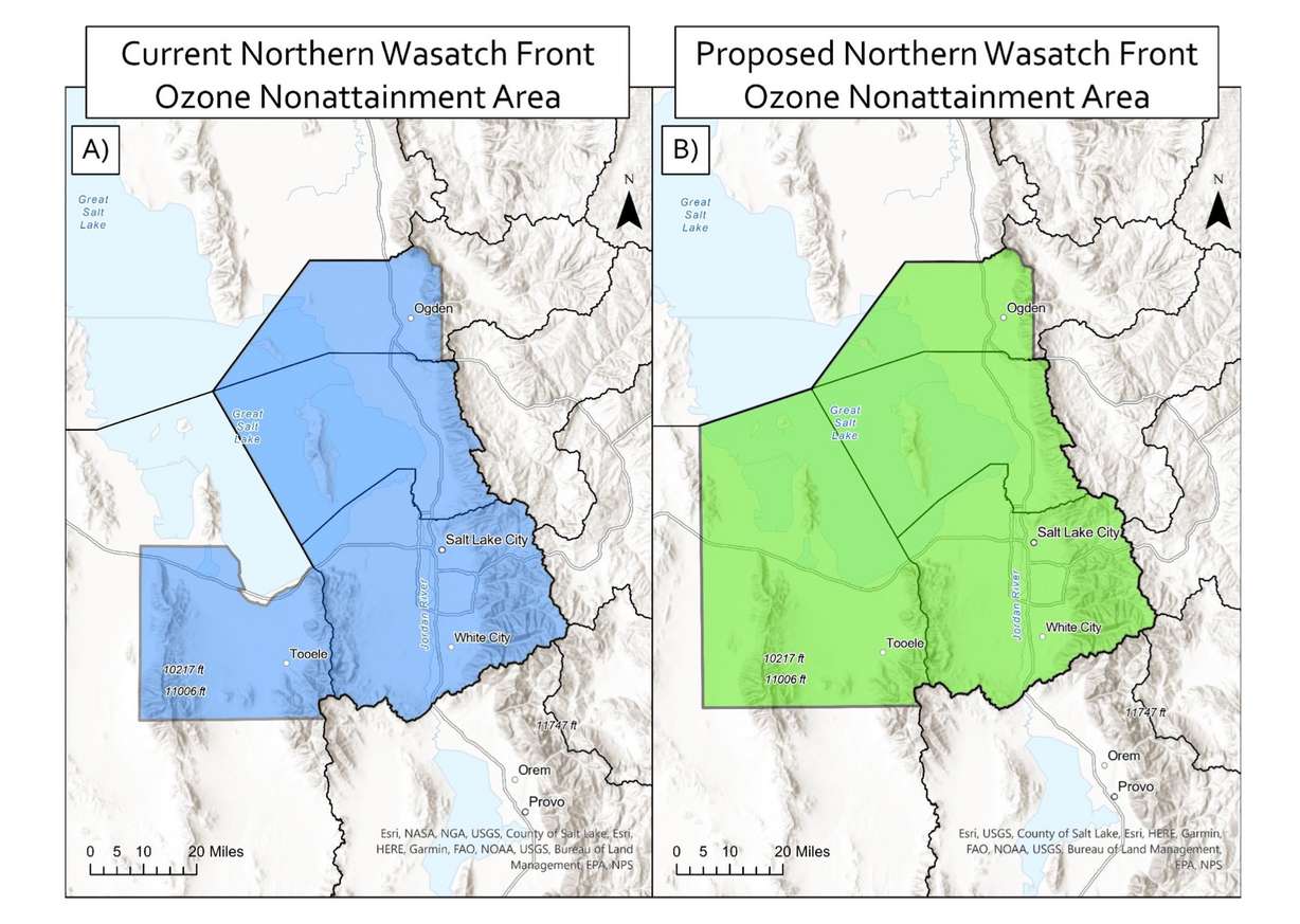 This map shows the current Northern Wasatch Front ozone nonattainment area, left, next to the proposed map, right. The change would put the US Magnesium plant in Tooele County in the nonattainment area.