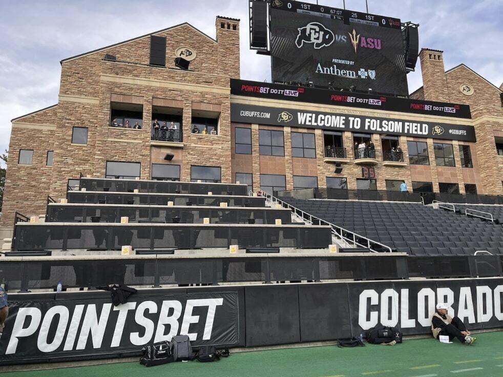 Colorado University's Folsom Field features PointsBet ads during an NCAA college football game between Colorado and Arizona State in Boulder, Colo., on Oct. 29, 2022. PointsBet, a Denver-based sports betting company that is a corporate sponsor of the University of Colorado Boulder’s athletics program, says it is pitching its brand to alums in Colorado and other states where fans are old enough to bet legally. 