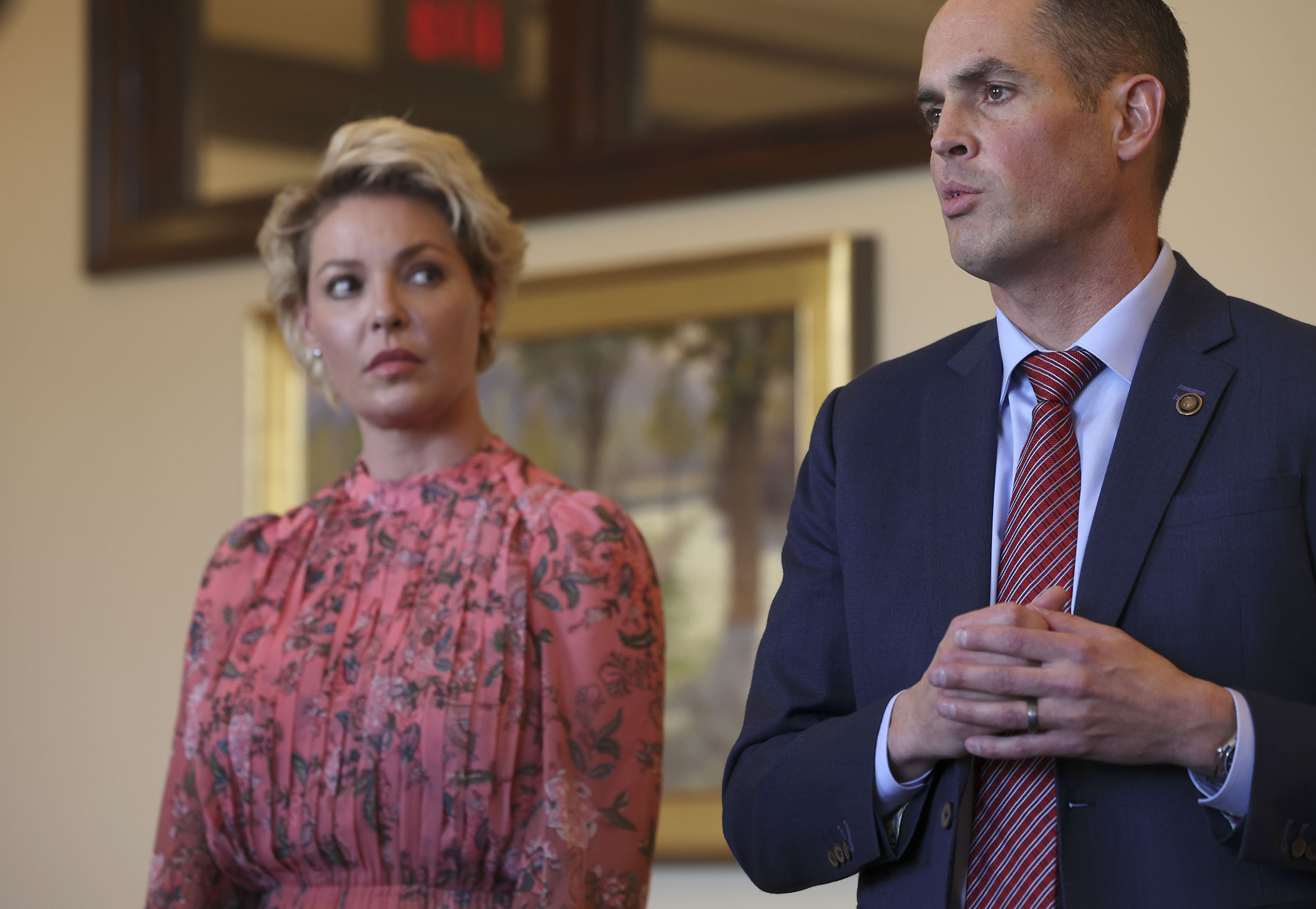 Actress Katherine Heigl and Sen. Mike McKell speak about gas chamber euthanasia of animals at the Capitol on Jan. 18. The Utah Legislature passed the bill, which regulates shelters to only allow "humane" methods of euthanasia for cats and dogs.