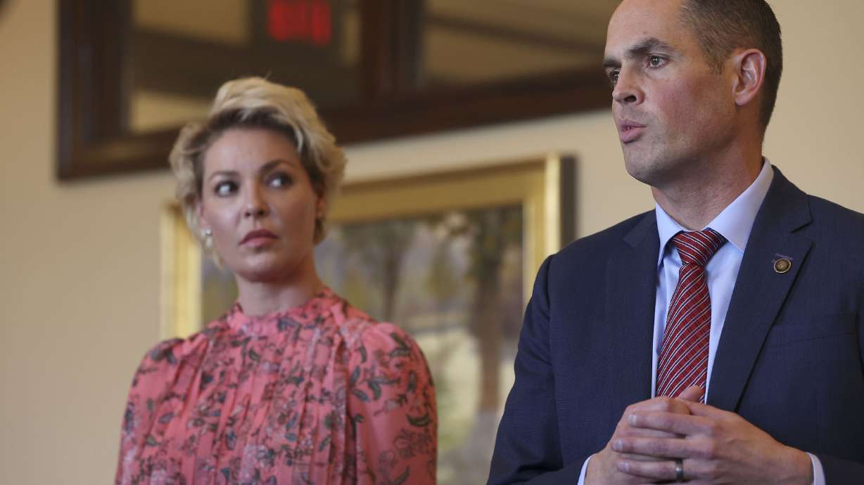 Actress Katherine Heigl and Sen. Mike McKell speak about gas chamber euthanasia of animals at the Capitol on Jan. 18. The Utah Legislature passed the bill, which regulates shelters to only allow "humane" methods of euthanasia for cats and dogs.