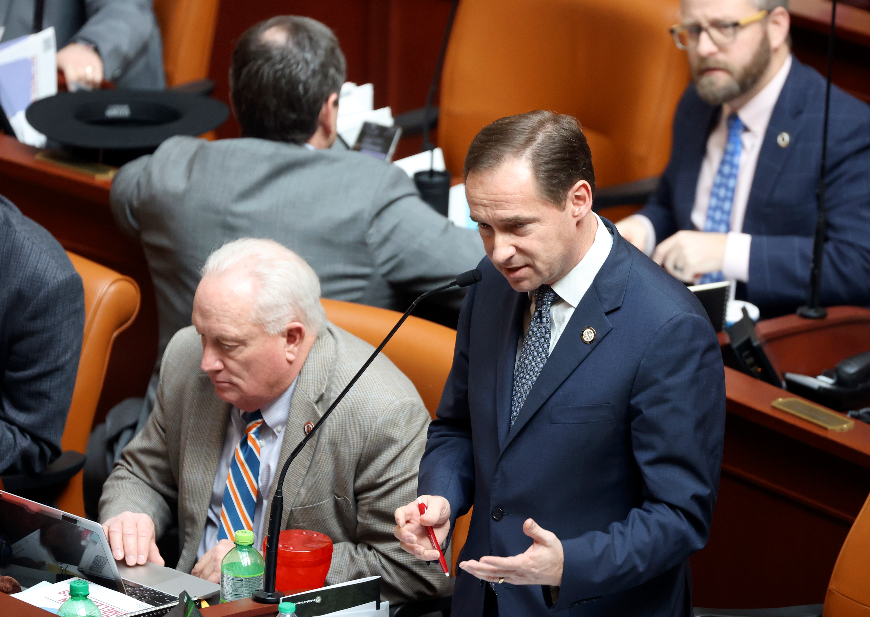 Rep. Steve Eliason, R-Sandy, talks about HB499 Homeless Services Amendments, which he is sponsoring, in the House chamber at the Capitol in Salt Lake City on Tuesday. The bill is meant to address some of the shortfalls discovered this winter in trying to address the issue of homelessness.