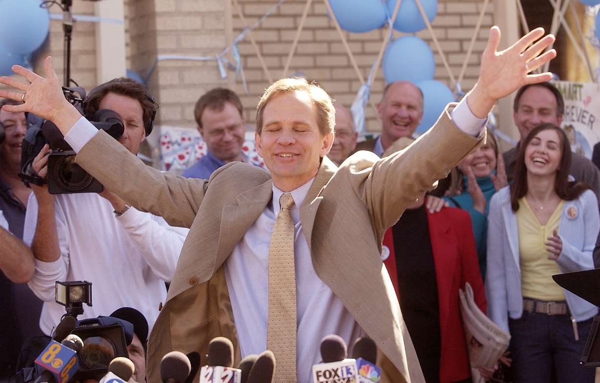 An ecstatic Ed Smart greets the media proclaiming "It's real! It's real!" during a press conference at the Federal Heights Ward of The Church of Jesus Christ of Latter-day Saints in Salt Lake City, on March 13, 2003, a day after his daughter Elizabeth, was found alive and well in Sandy.