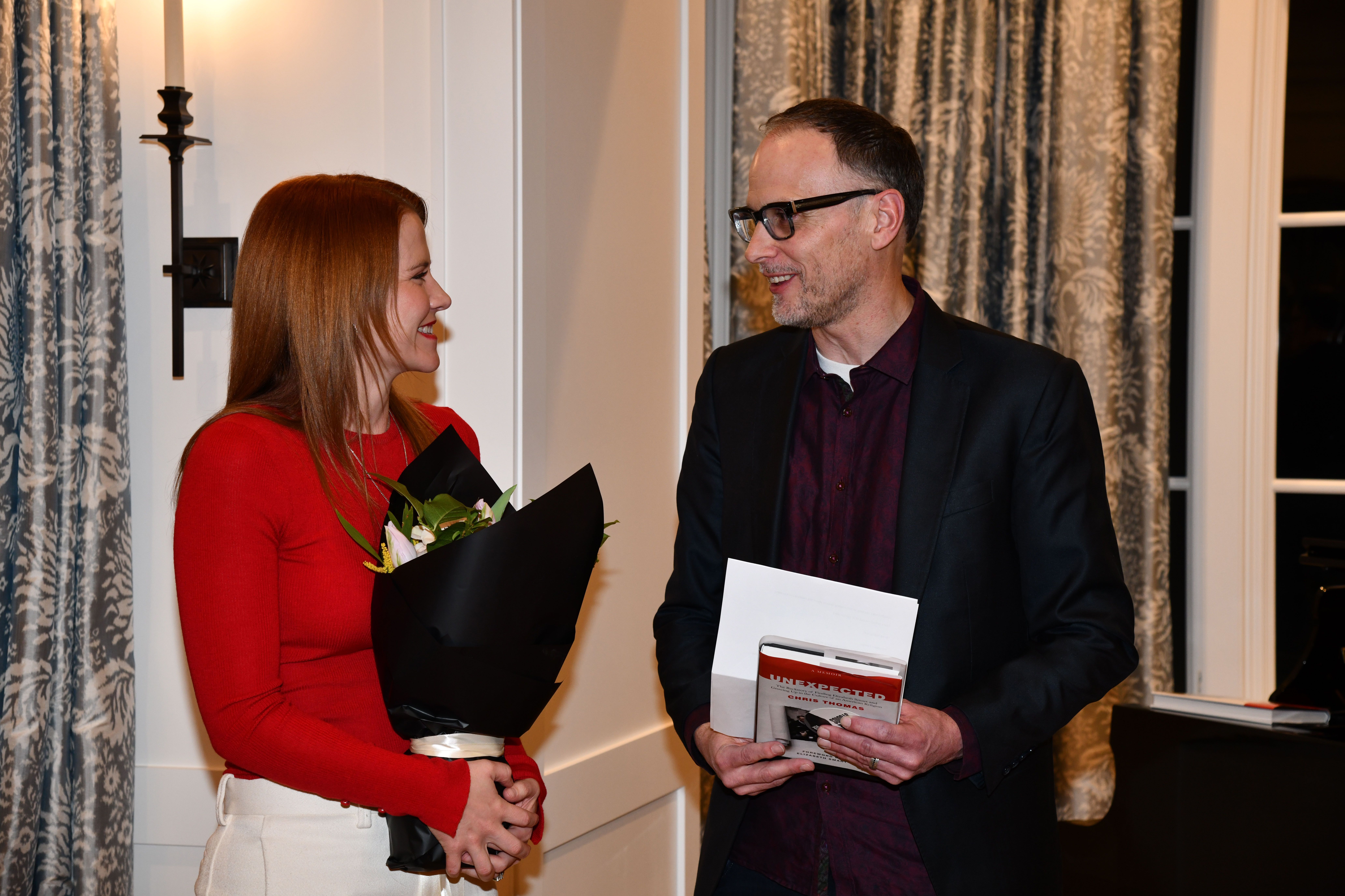 Elizabeth Smart and Chris Thomas speak Feb. 23 during a launch for his book, "Unexpected: The backstory of finding Elizabeth Smart and growing up in the culture of American religion."