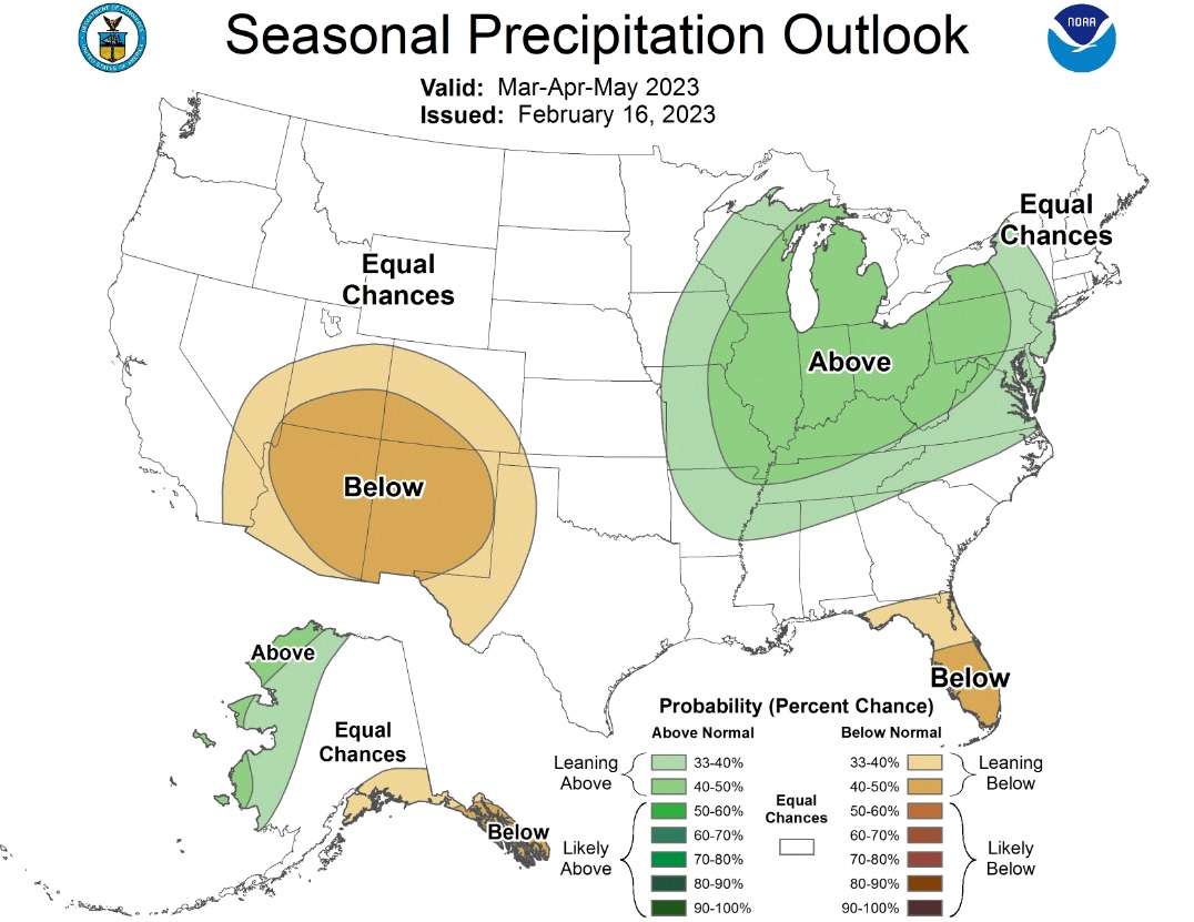 This outlook, created by the National Weather Service's Climate Prediction Center, shows seasonal precipitation probabilities in the U.S. during the meteorological spring months of March, April and May combined. The long-range forecast indicates for a growing probability of below-normal precipitation returning in central and southern Utah.