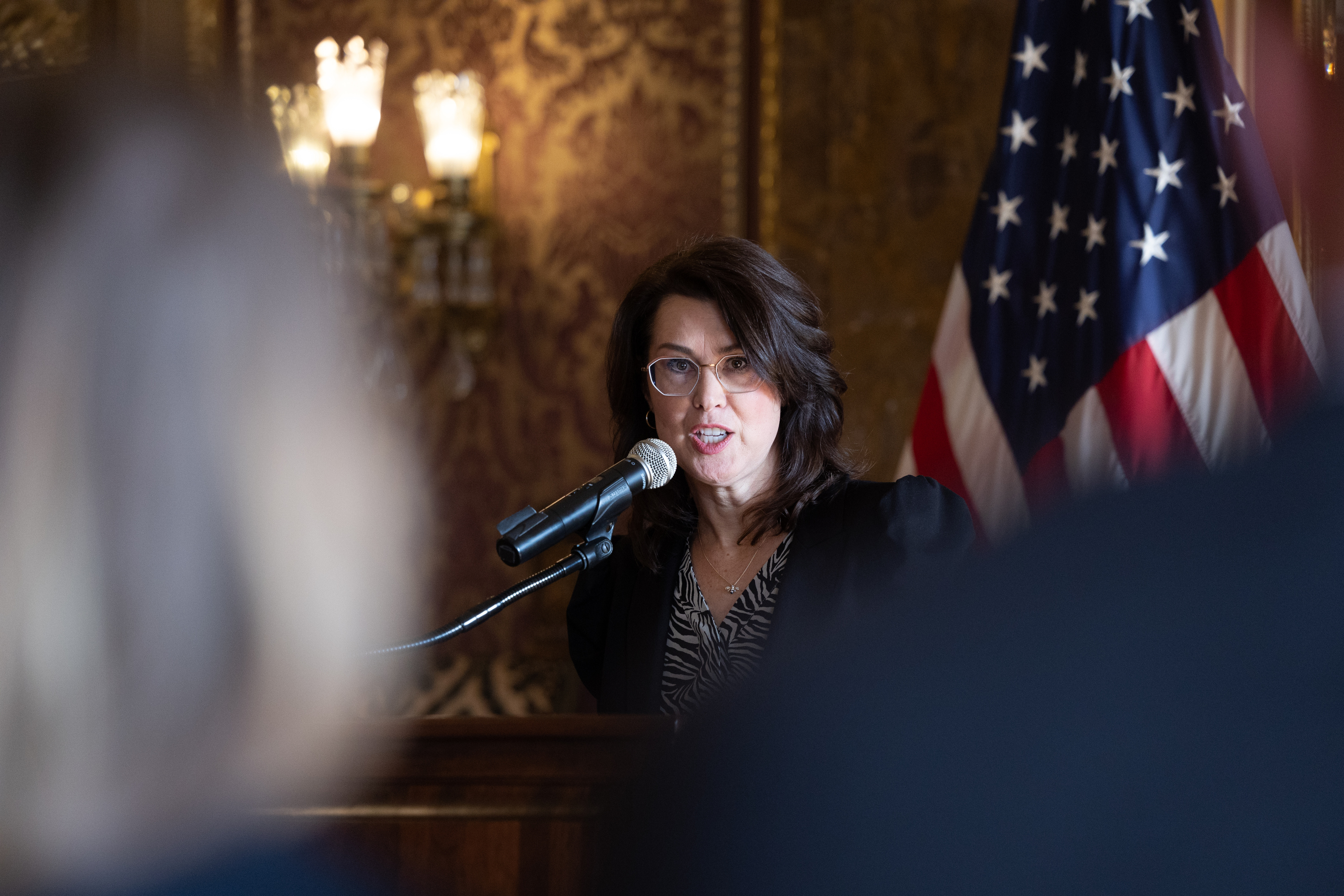 Lt. Gov. Deidre Henderson speaks during a press conference for SB117, a bill advocating for domestic violence protections, at the Capitol in Salt Lake City on Jan. 30. The bill, which passed on Wednesday, will require police to conduct lethality assessments when responding to domestic violence reports. 