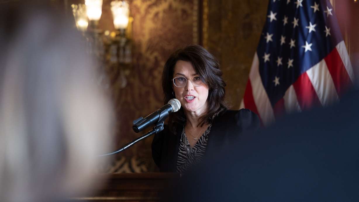 Lt. Gov. Deidre Henderson speaks during a press conference for SB117, a bill advocating for domestic violence protections, at the Capitol in Salt Lake City on Jan. 30. The bill, which passed on Wednesday, will require police to conduct lethality assessments when responding to domestic violence reports.