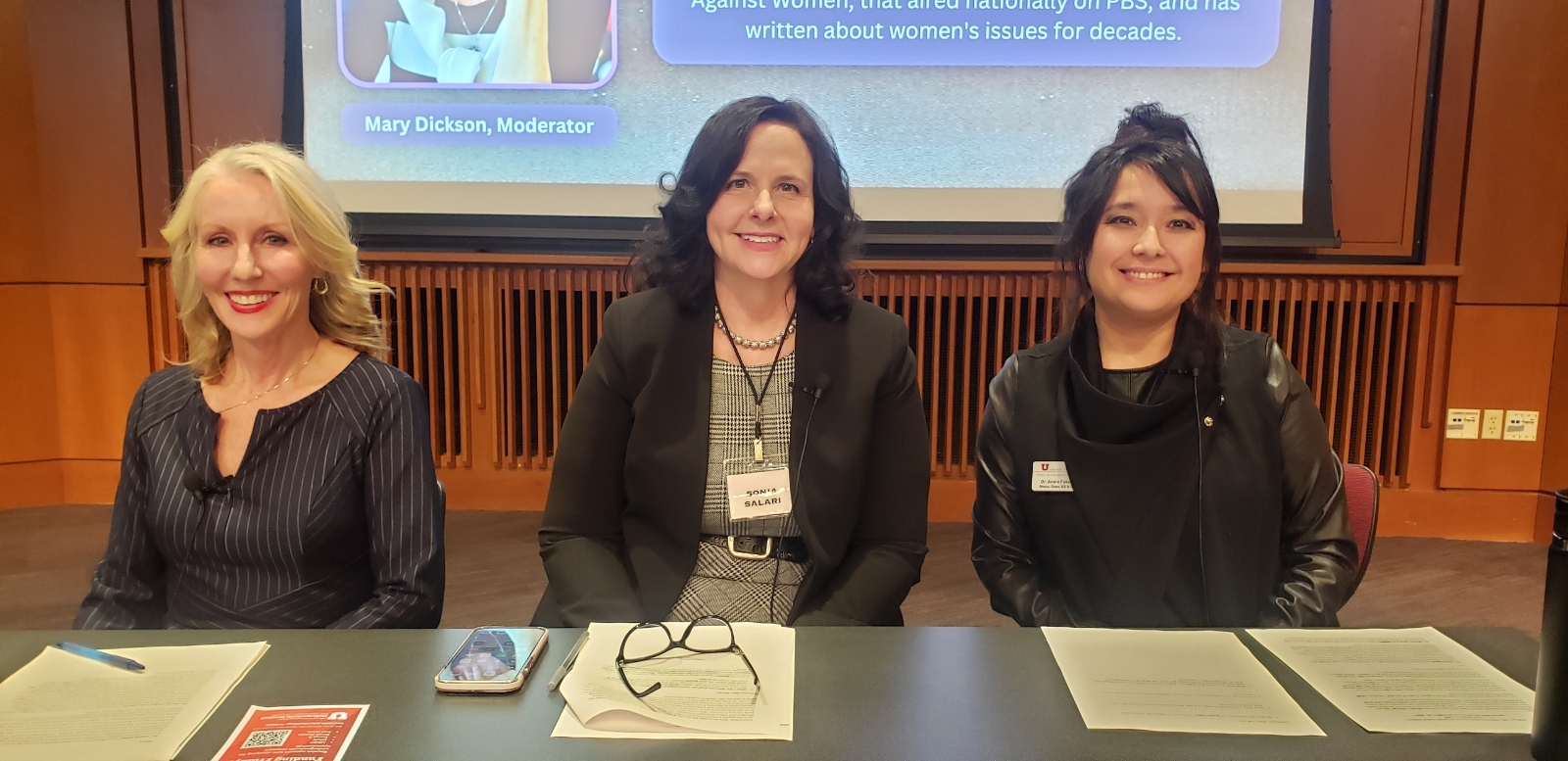 From left, former PBS Utah executive Mary Dickson and University of Utah professors Sonia Salari and Annie Isabel Fukushima discuss gender-based violence at a panel Wednesday. The professors called for each community member to do their part in enacting change.