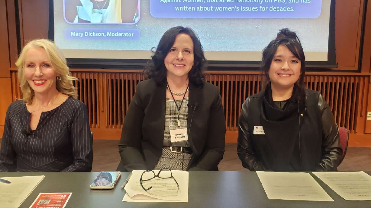 From left, former PBS Utah executive Mary Dickson and University of Utah professors Sonia Salari and Annie Isabel Fukushima discuss gender-based violence at a panel Wednesday. The professors called for each community member to do their part in enacting change.