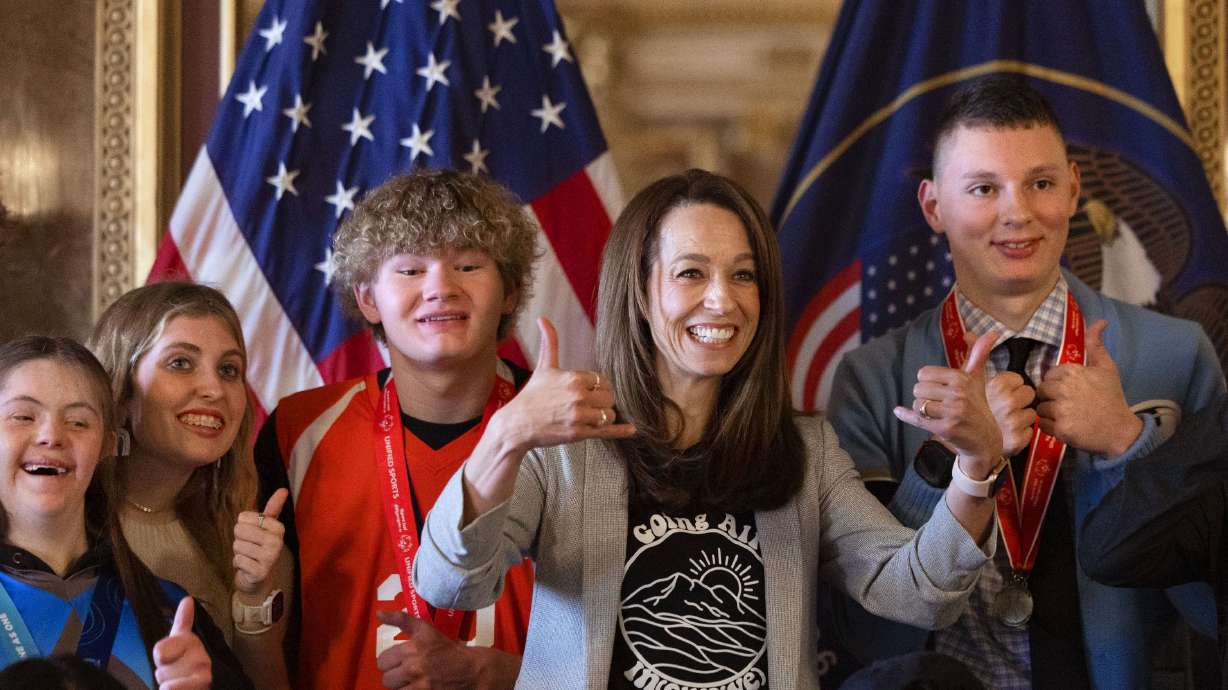 Utah first lady Abby Cox poses for a photo with high school-age Special Olympics Utah athletes as part of her Show Up initiative at the Utah State Capitol in Salt Lake City on Wednesday. The Show Up initiative supports the growth of the Special Olympics Unified Sports program in Utah schools.