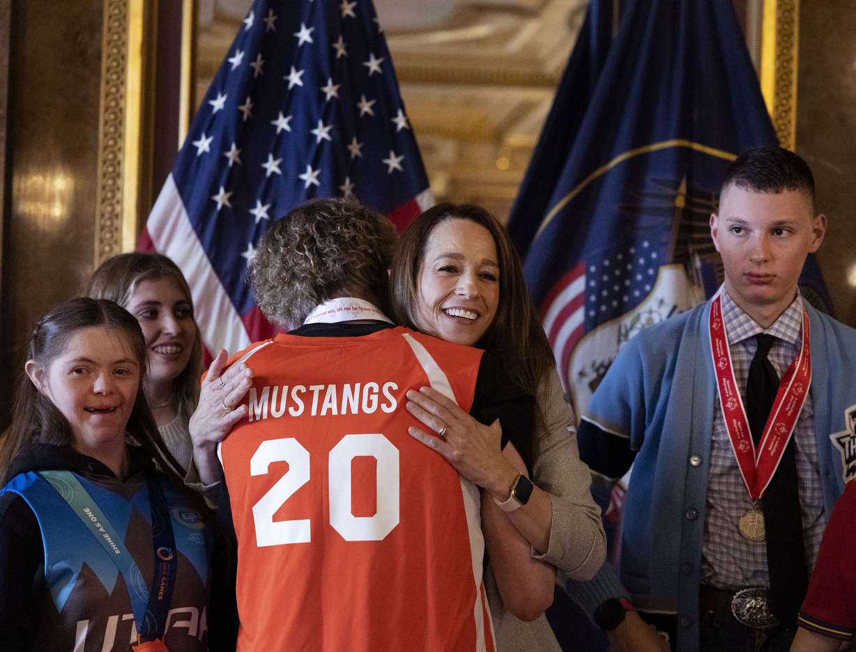 Utah first lady Abby Cox greets high school-age Special Olympics Utah athletes as part of her Show Up initiative at the Utah State Capitol in Salt Lake City on Wednesday. The Show Up initiative supports the growth of the Special Olympics Unified Sports program in Utah schools.