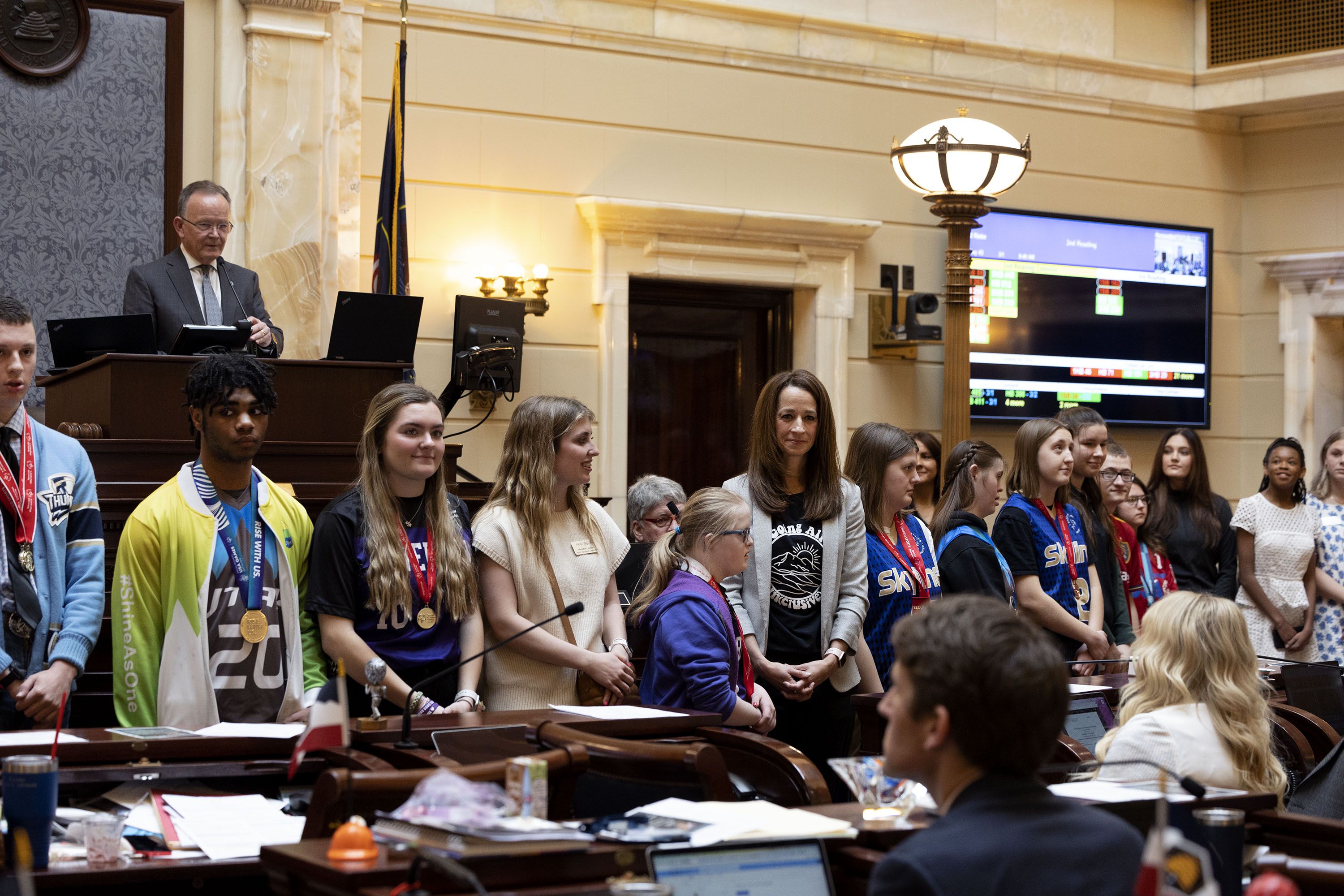 Utah first lady Abby Cox stands with high school-age Special Olympics Utah athletes and their partners as part of her Show Up initiative in the Senate at the Utah State Capitol on Wednesday. The Show Up initiative supports the growth of the Special Olympics Unified Sports program in Utah schools.