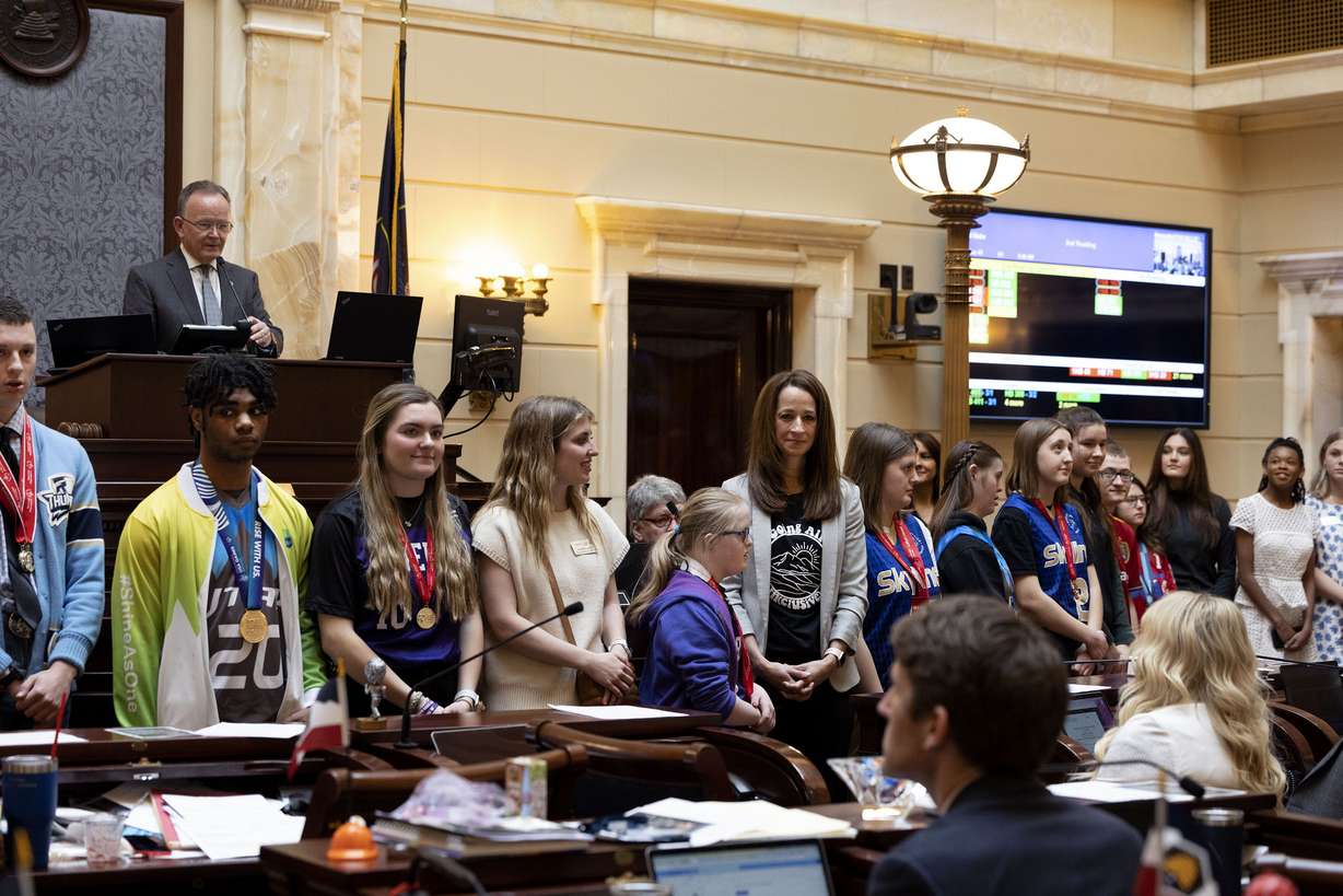 Utah first lady Abby Cox stands with high school-age Special Olympics Utah athletes and their partners as part of her Show Up initiative in the Senate at the Utah State Capitol on Wednesday. The Show Up initiative supports the growth of the Special Olympics Unified Sports program in Utah schools.