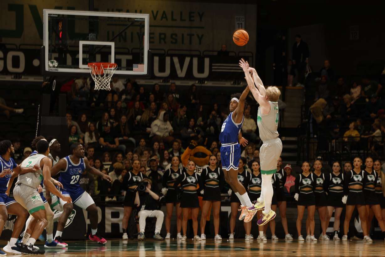 Utah Valley guard Trey Woodbury shoots against UT Arlington, Wednesday, March 1, 2023 at the UCCU Center in Orem.