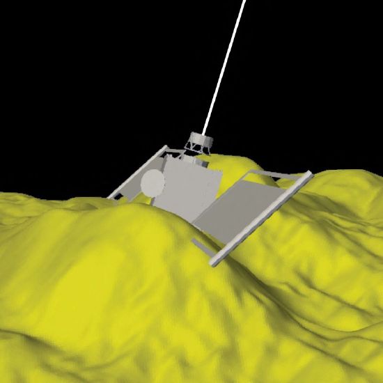 This illustration shows NASA's DART spacecraft colliding with the asteroid Dimorphos in Sept. 2022.