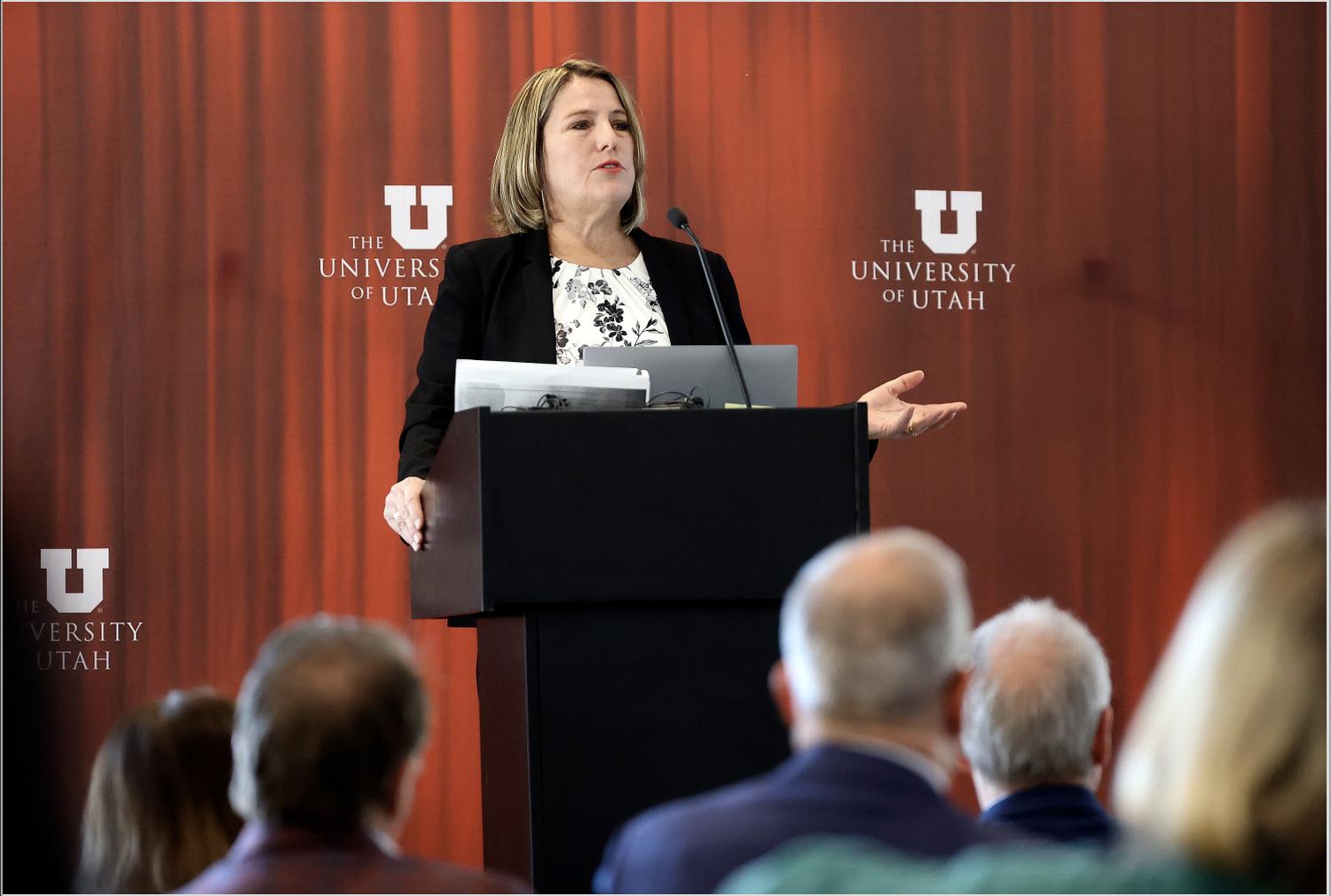 Jill McCluskey, mother of slain University of Utah student Lauren McCluskey, delivers the keynote address on Thursday at the first annual Campus Safety Conference hosted by the University of Utah Department of Public Safety.