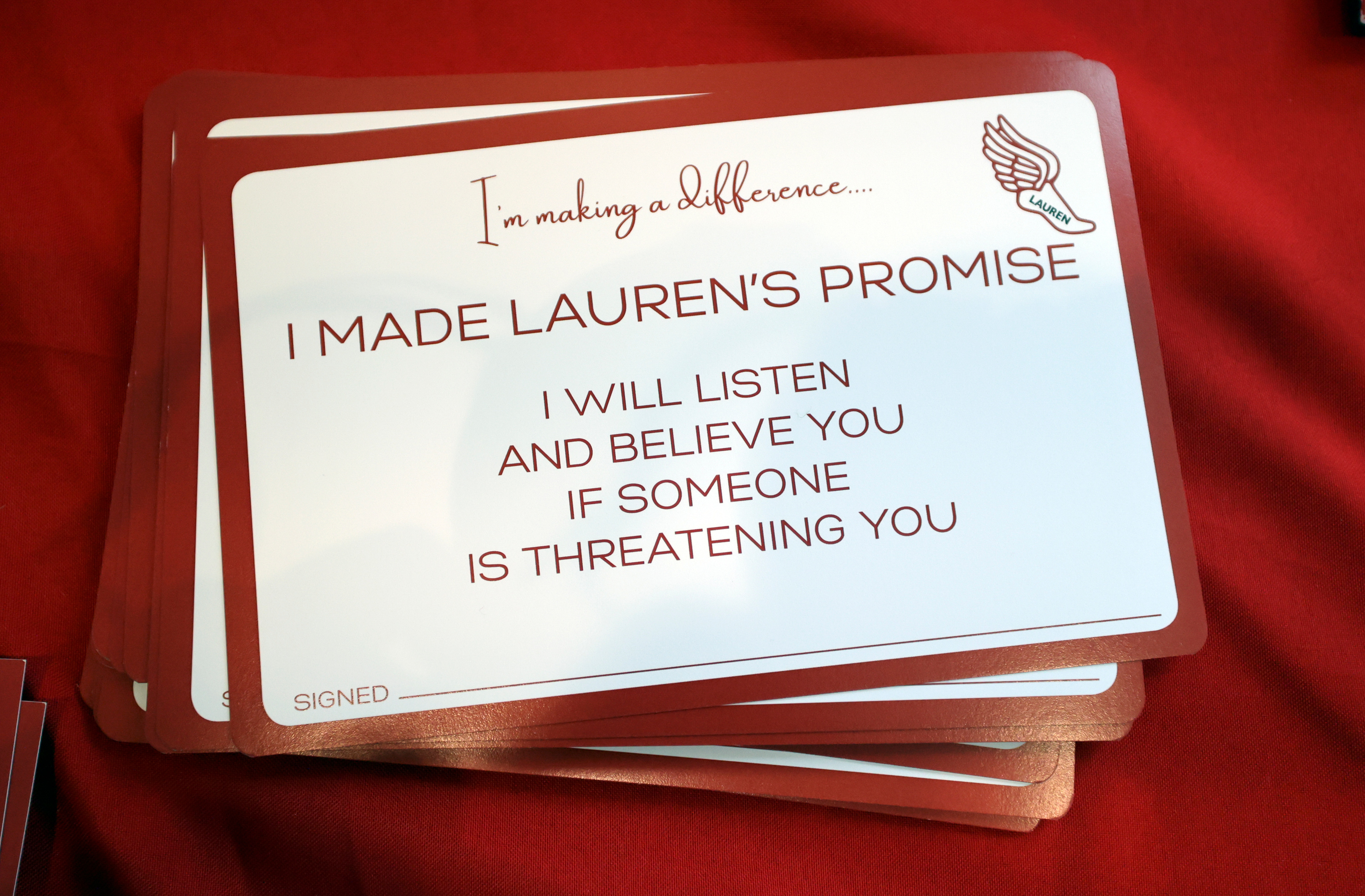 Lauren’s Promise pledge cards are pictured during a campus safety conference at the University of Utah in Salt Lake City on March 2, 2023.