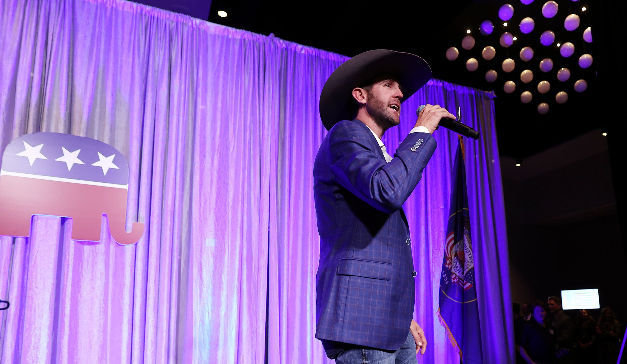 Utah Republican Party Chairman Carson Jorgensen talks to guests at an election night party at the Hyatt Regency in Salt Lake on Nov. 8, 2022. Jorgensen has said he won’t run for reelection.