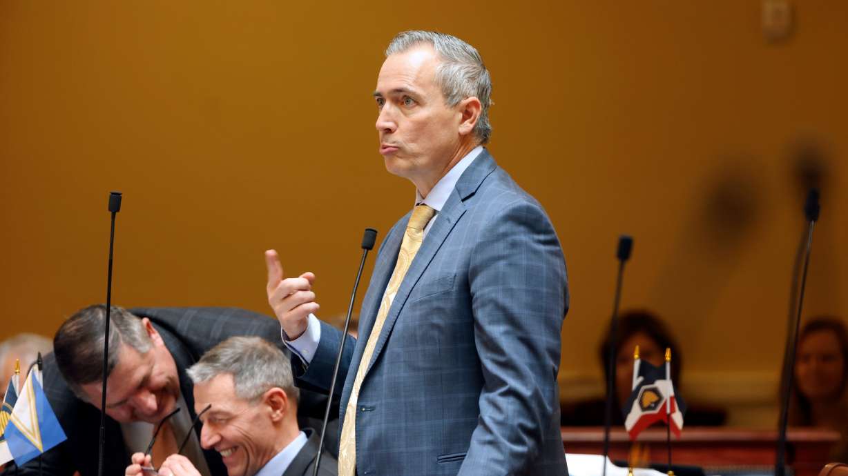 Sen. Daniel McCay, R-Riverton, motions to circle HB467 Abortion Changes, which he is sponsoring, in the Senate chamber at the Capitol in Salt Lake City, on Thursday.