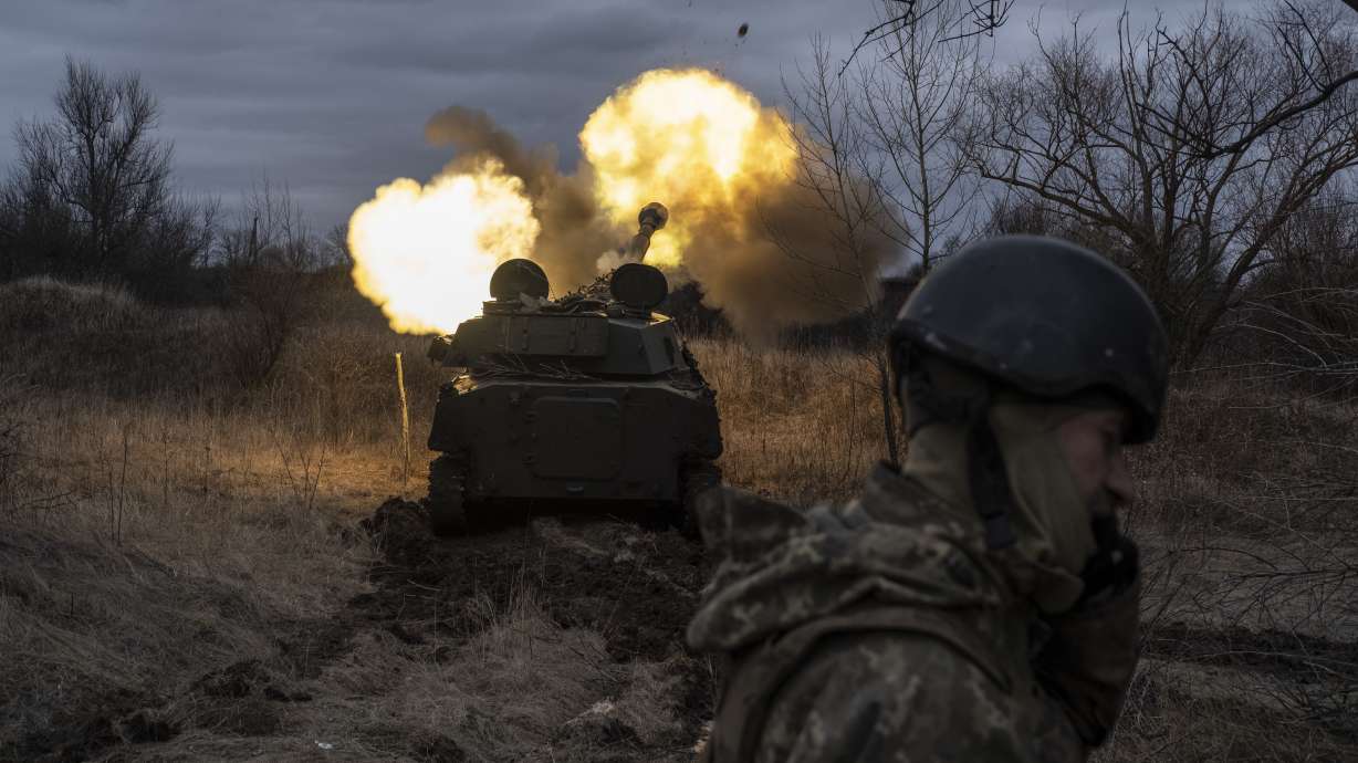 A Ukrainian self-propelled artillery vehicle fires in Donetsk region, Ukraine, Thursday. The U.S. is expected to announce a new package of military aid for Ukraine Friday, including —for the first time — eight armored vehicles that can launch bridges.